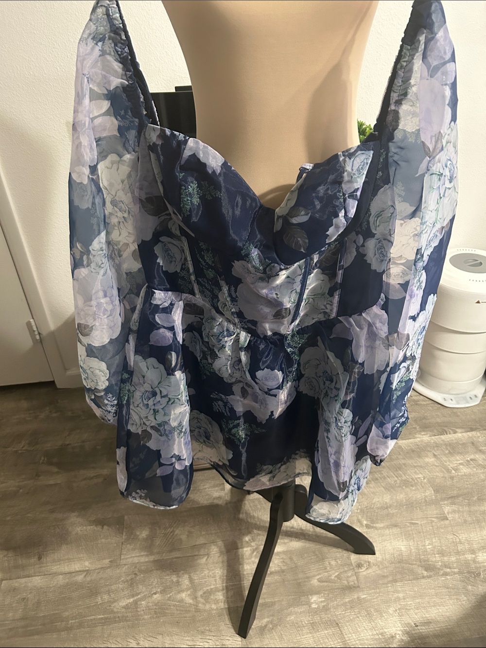 Lulu's Navy Blue Floral Lace-Up Back Mini Dress - Picture 3 of 5
